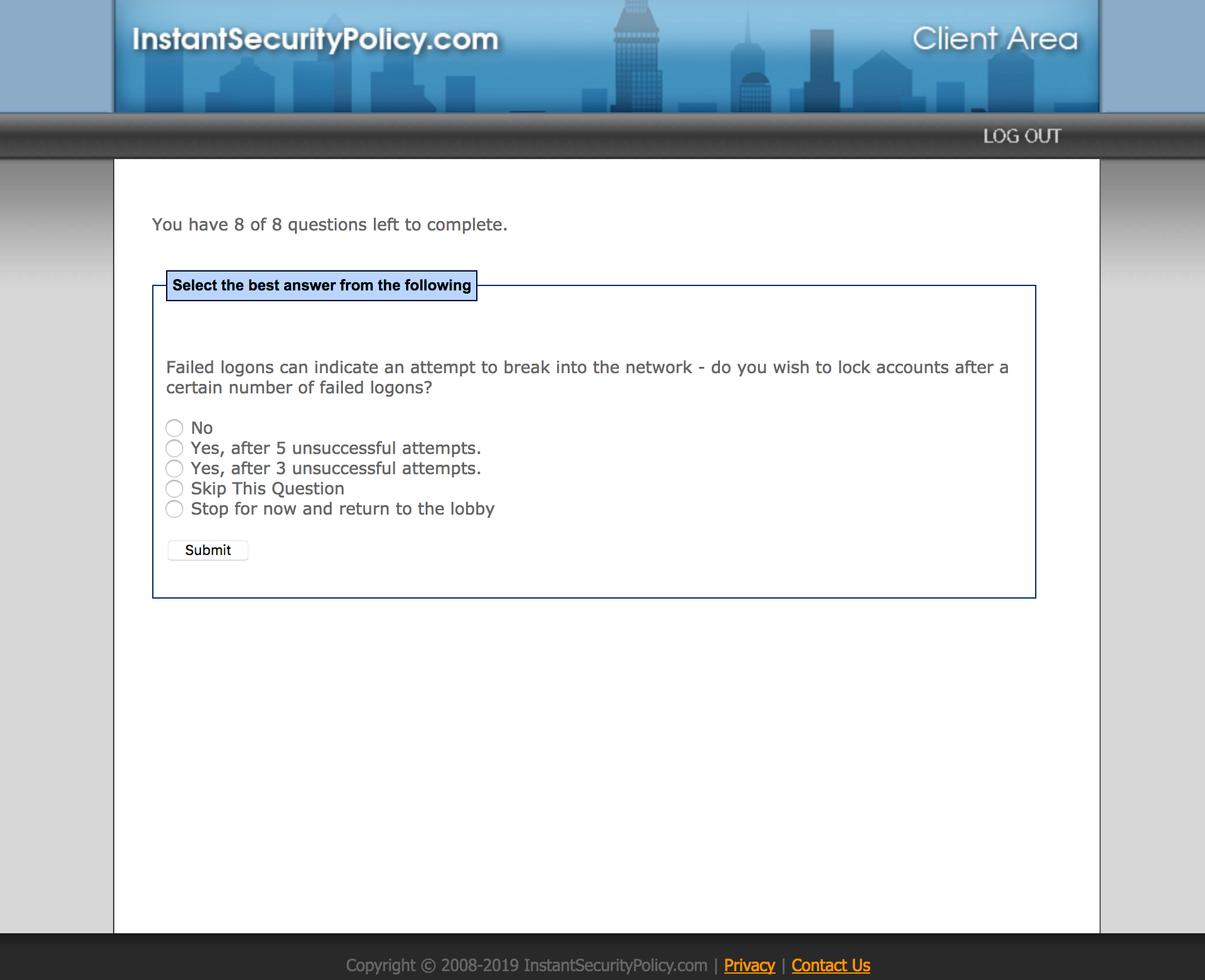 Instant Security Policy Wizard Question Screenshot